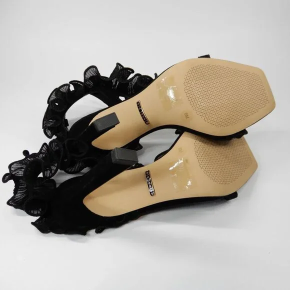 Gianni Bini Franz Sandals High Heels Size 6 Black Suede Chiffon Ruffle NEW - Picture 14 of 15